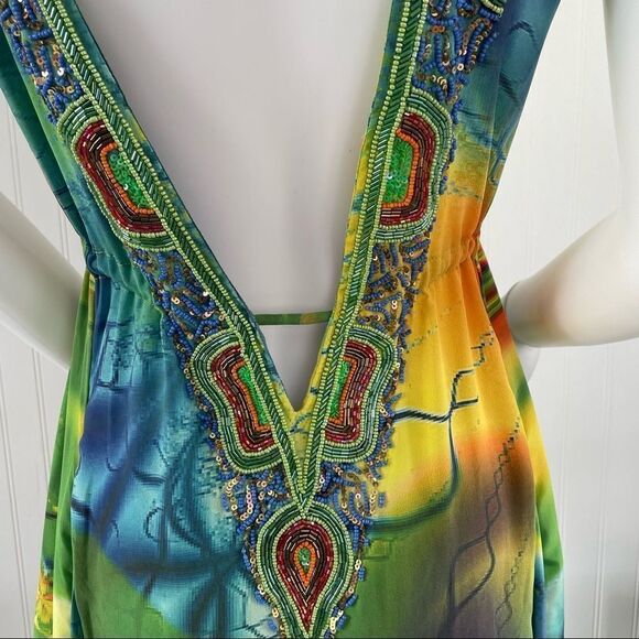 𝅺SHAHIDA Parides V-Neck Long Maxi in Green With Pockets Size M/L - Picture 6 of 16